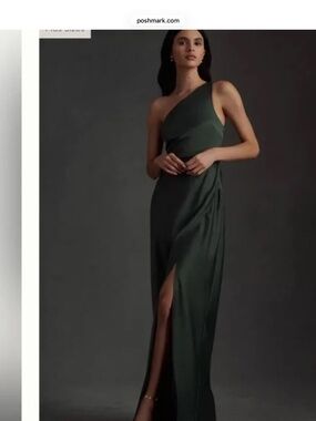BHLDN Dylan One-Shoulder Satin Side-Slit Gown, Forest Green, size 2